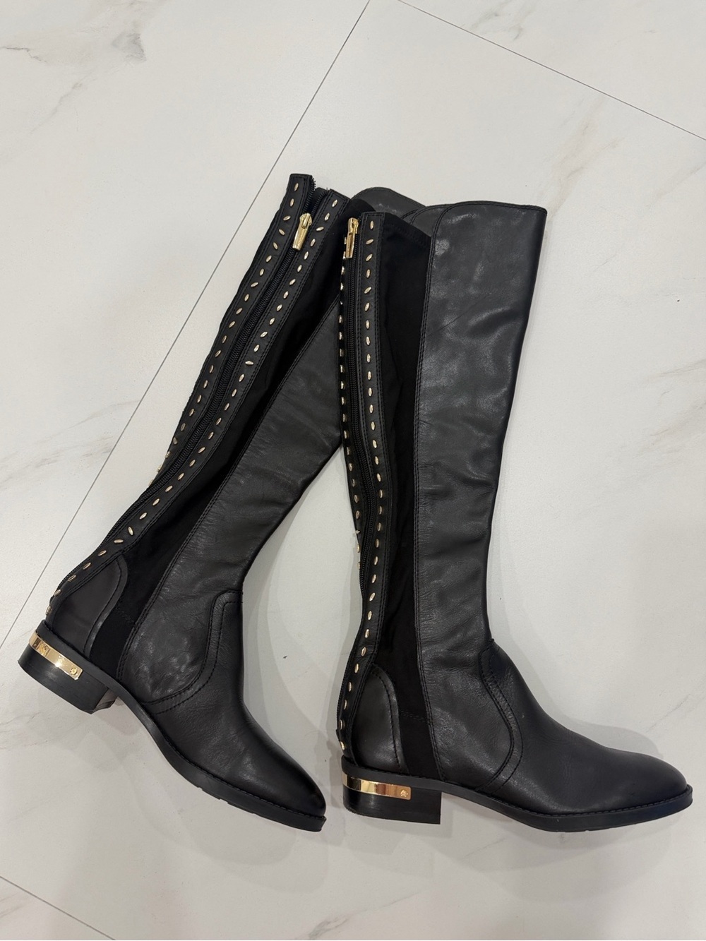 NWOT Vince Camuto Black Over-the-Knee Leather Boots with Gold Stud Hardware